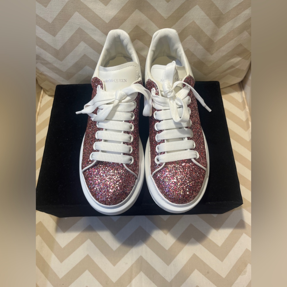 Alexander McQueen White and Pink Glitter Sneakers